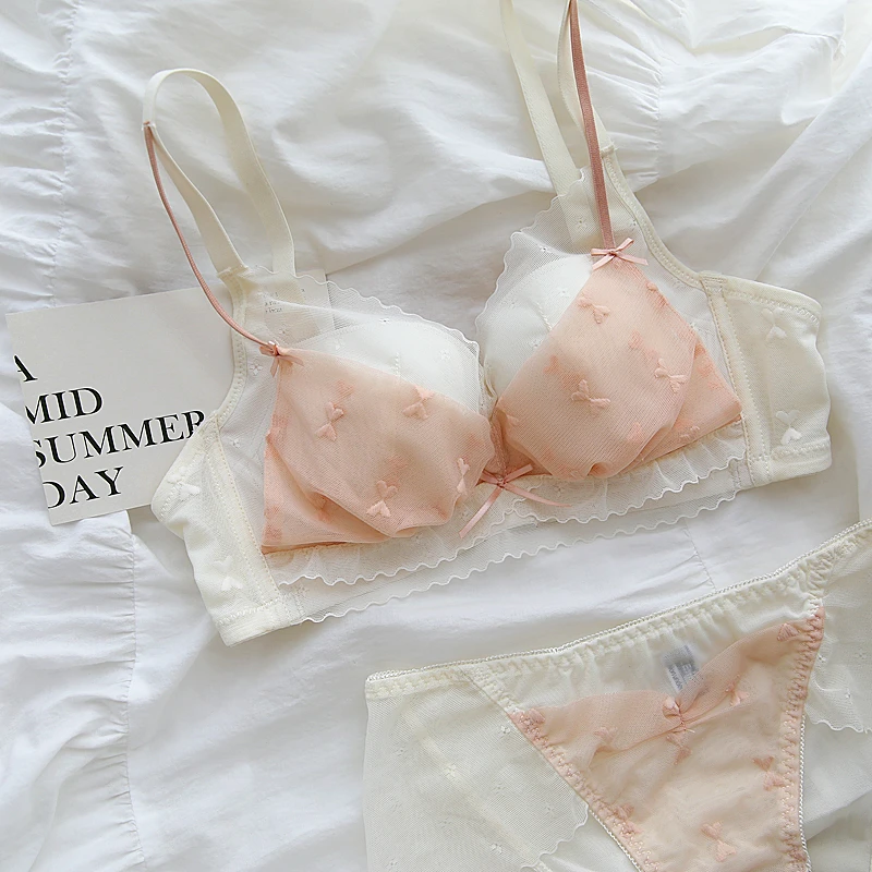 

Mesh bow underwear without steel ring thin cup small breasts lingerie gathered up support bra briefs set