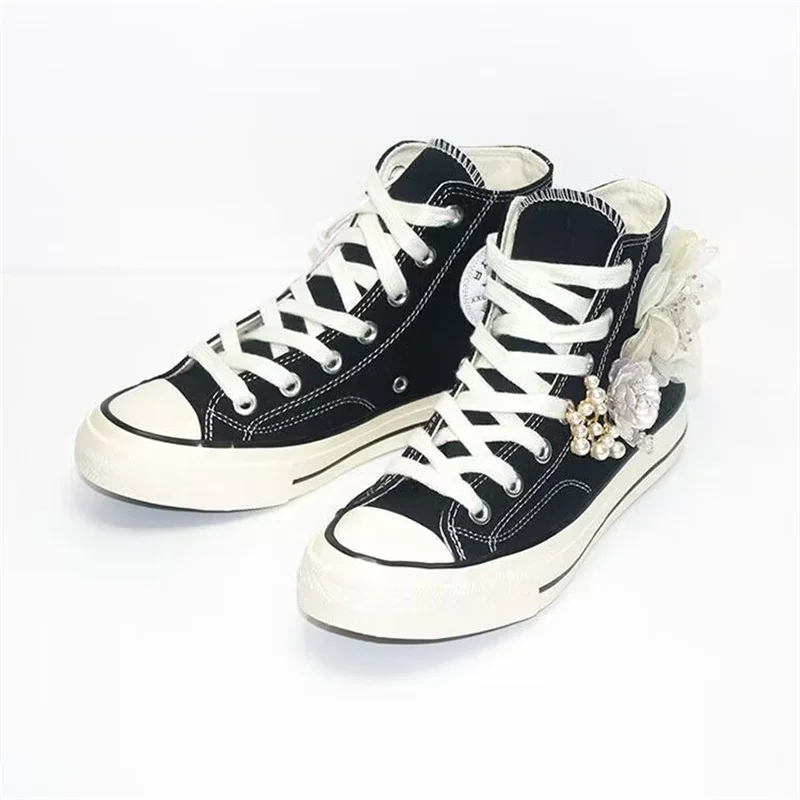 

Floral beaded classic handmade custom canvas shoes Pearl lace-up high top casual sneakers men and women plus size 35-46