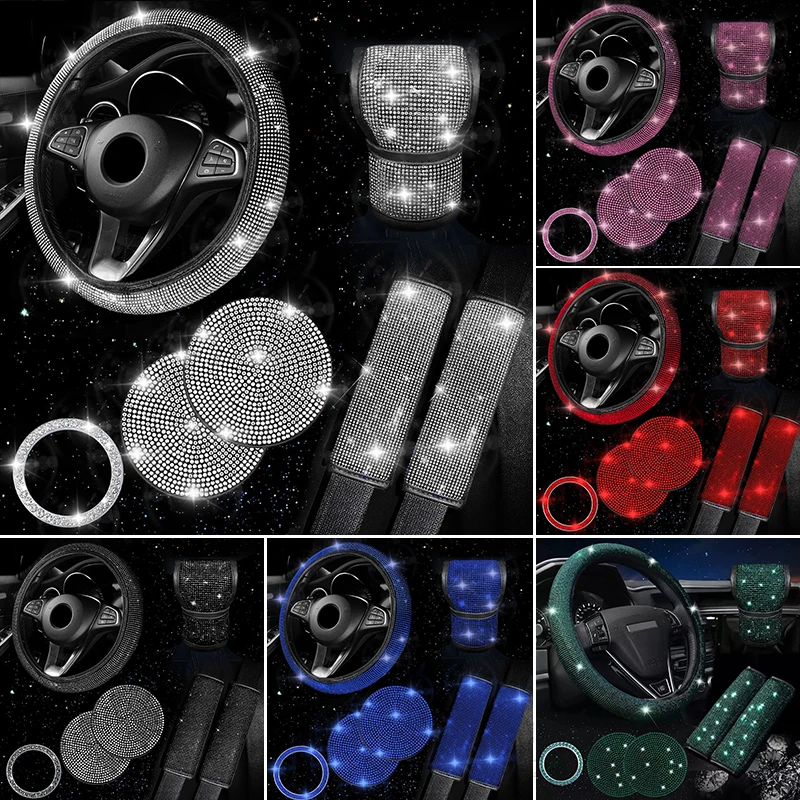 Bling Car Steering Wheel Cover Auto Gear Shift Cover Coaster Seat Belt Shoulder Pad Start Button Decor 7Pcs Car Accessories Set
