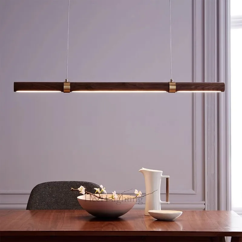 Wooden Long Chandelier Dining Table Decoration Hanging Lamps for Ceiling Copper Walnut Chandelier Kitchen Island Led Lighting