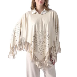 2024 Fashion Women's Cape Shawl Top Poncho Elegant Suede Tassel Retro Simple Folk-custom ArmyGreen Dropshipping