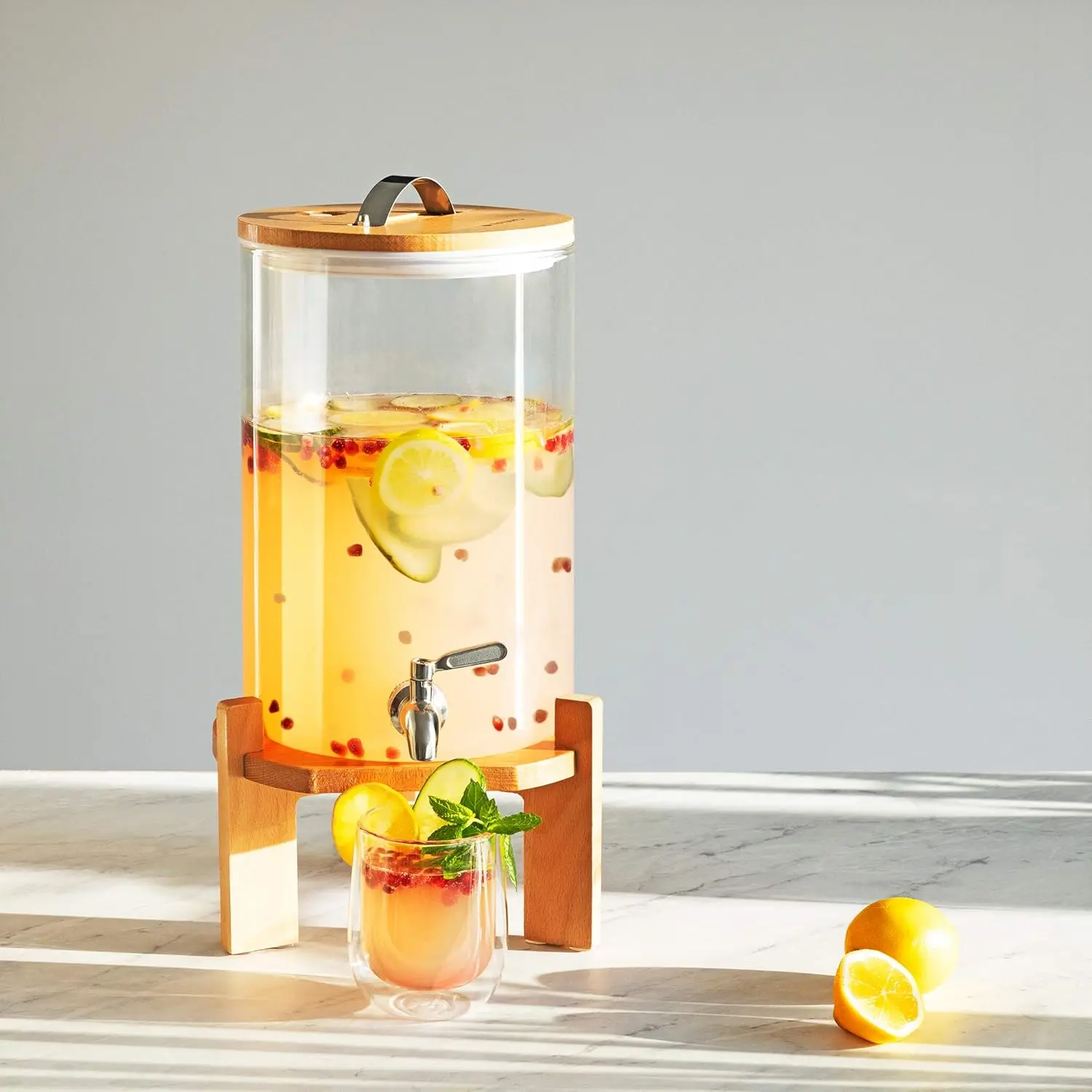 Beverage Dispenser with Stand - 1.8 Gallon (7L) Glass Drink Dispenser with Spigot, Lid, Beech Wood Stand for Hot or Cold 2