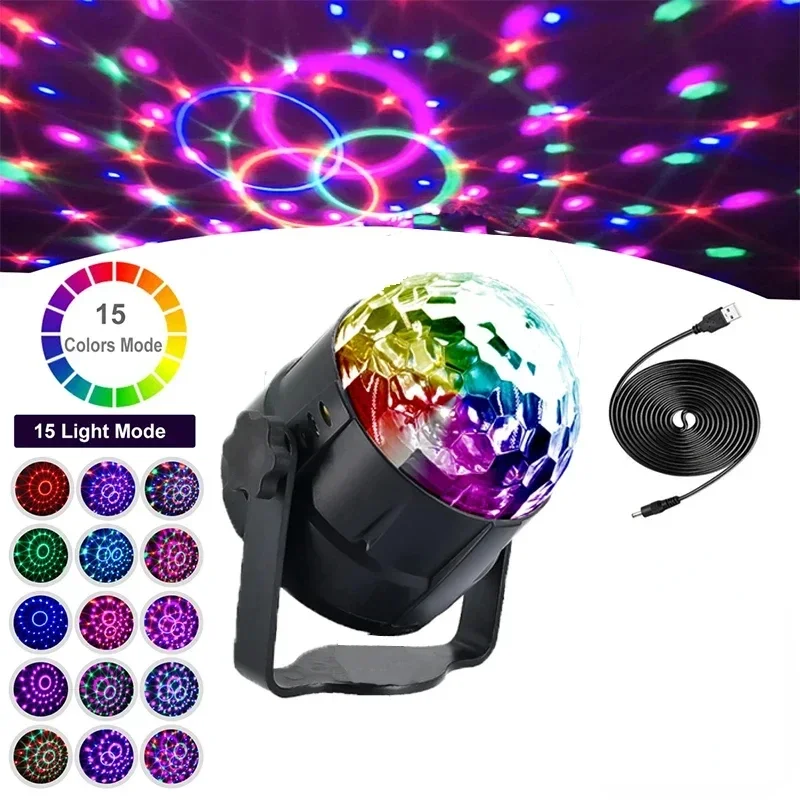 15 Color LED DJ Stage Lights RGB Sound Activated Rotating Disco Party Magic Ball Projector Lamp Home Car Atmosphere Christmas