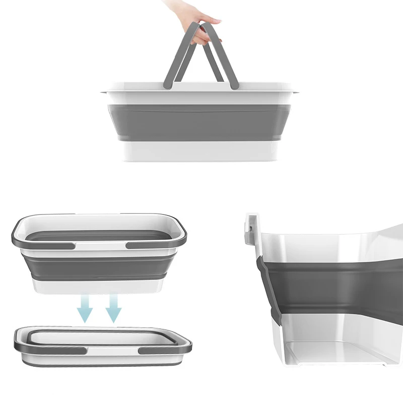 WIKHOSTAR Large Collapsible Plastic Bucket Foldable Mop Bucket Laundry Basket with Handle for House Cleaning Rectangular Basket folding storage bucket