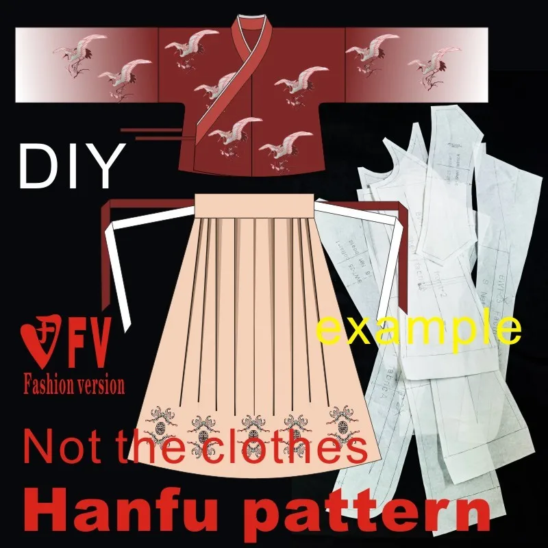Cross-necked Hanfu pattern women's wide-sleeved blouse and skirt structure drawing 1:1 clothing cutting drawing BHF-003