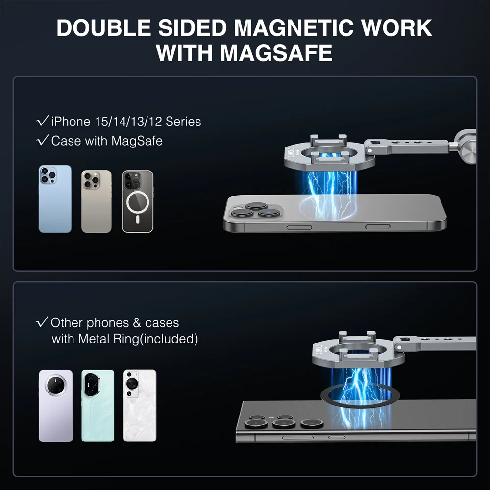 2025 Dual Magnetic Phone Holder Photography Phone Tripod Mount with 1/4"-20 Cold Shoe Gym Holder for Magsafe iPhone 17-12 Series