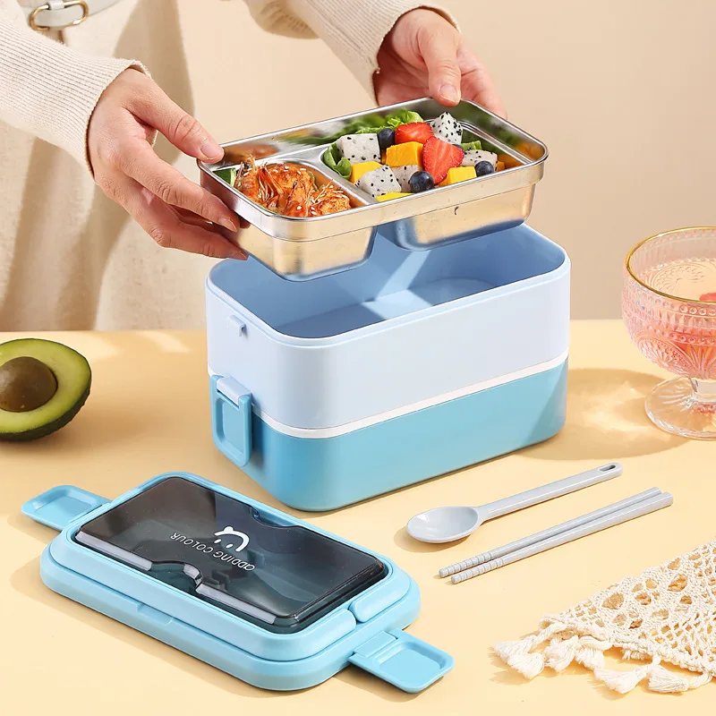 Contenitore Per Il Pranzo Bento Box 3 In 1 Per Bambini, 1600ml, Impilabile E A Prova Di Perdite - Colore Blu