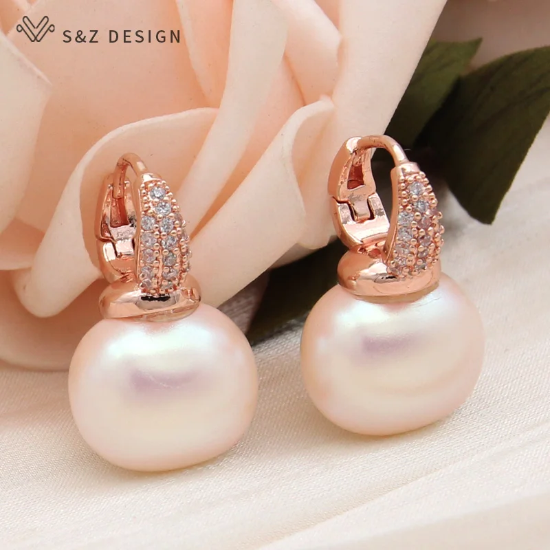 S&Z DESIGN New Fashion Round Rectangle Simulated-pearl Bead Drop Earrings For Women 585 Rose Gold Color Cubic Zirconia Eardrop