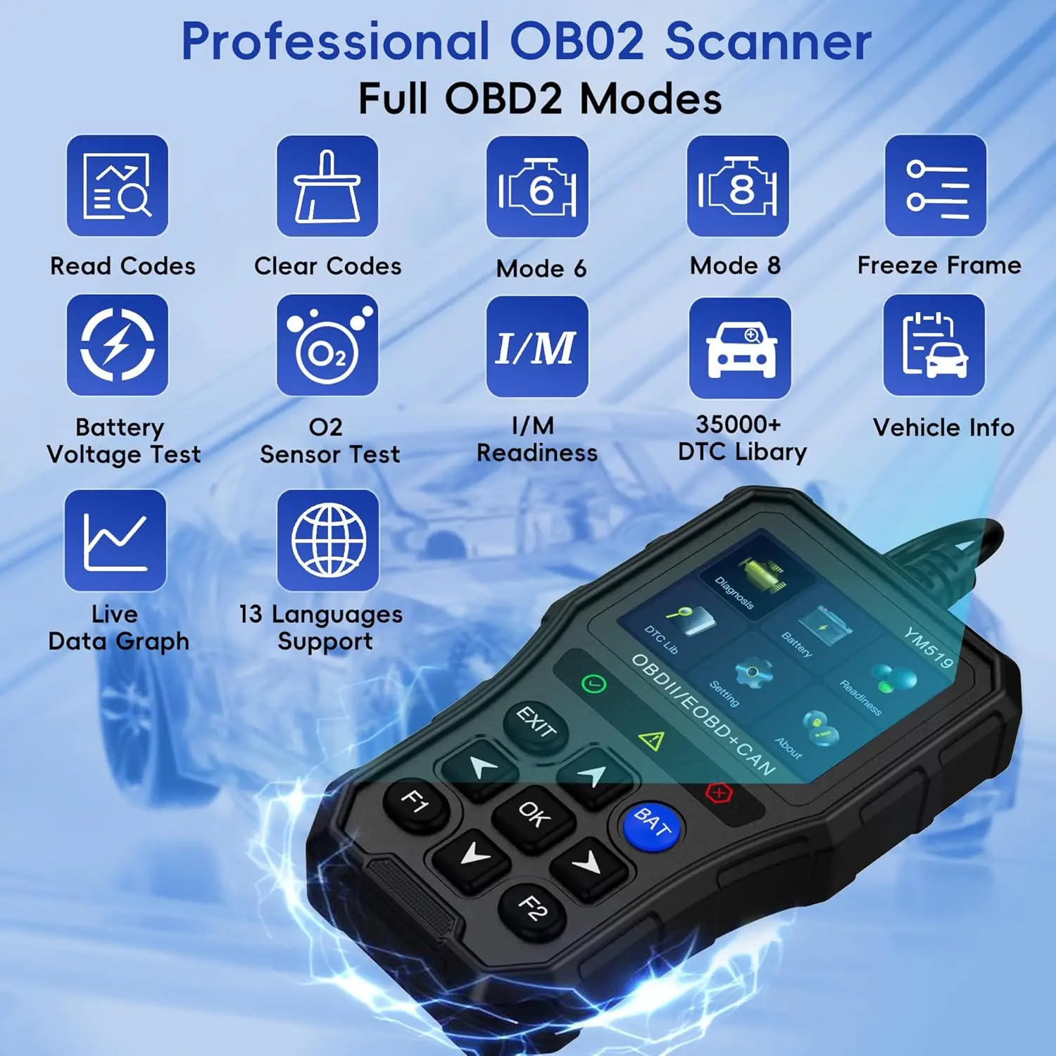 Multilingual Automotive Diagnostic Tool Battery Tester Check Engine System Fault Code Reader YM519 OBD2 Scanner 3