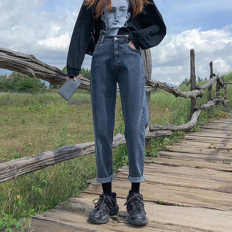 

Harlan jeans female fashion straight high-waisted pops loose pear-shaped cover meat versatile nine points blue gray carrot pants