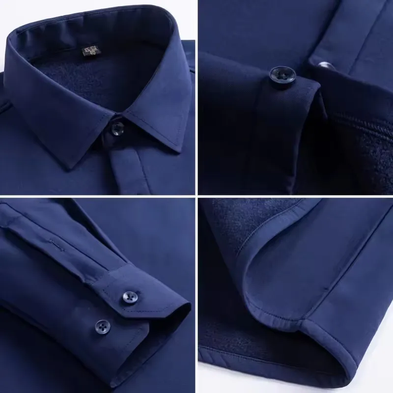 Camisa de vestir para hombre, con forro polar, ideal para el invierno, gruesa, cálida, de manga larga, para uso formal e informal, de color liso, con botones, blanca, disponible hasta la talla 6XL y 7XL.