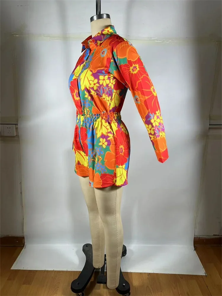 Wmstar 2 Piece Sets Women Outfit Flower Random Print Long Sleeve Shirt and Shorts Set  Two Piece Wholesale Dropshipping 2025