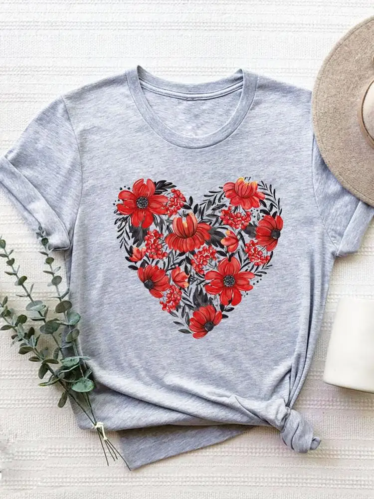 Short Sleeve Graphic T-shirt Women Summer Clothes Clothing Flower Sweet 90s Style Print T Shirt Fashion O-neck Tee Top