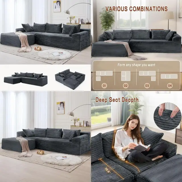108-inch L-Shape Modular Sectional Sofa with Chaise, Cloud-Soft Corduroy Fluffy Couch for Comfortable Living Room Seating