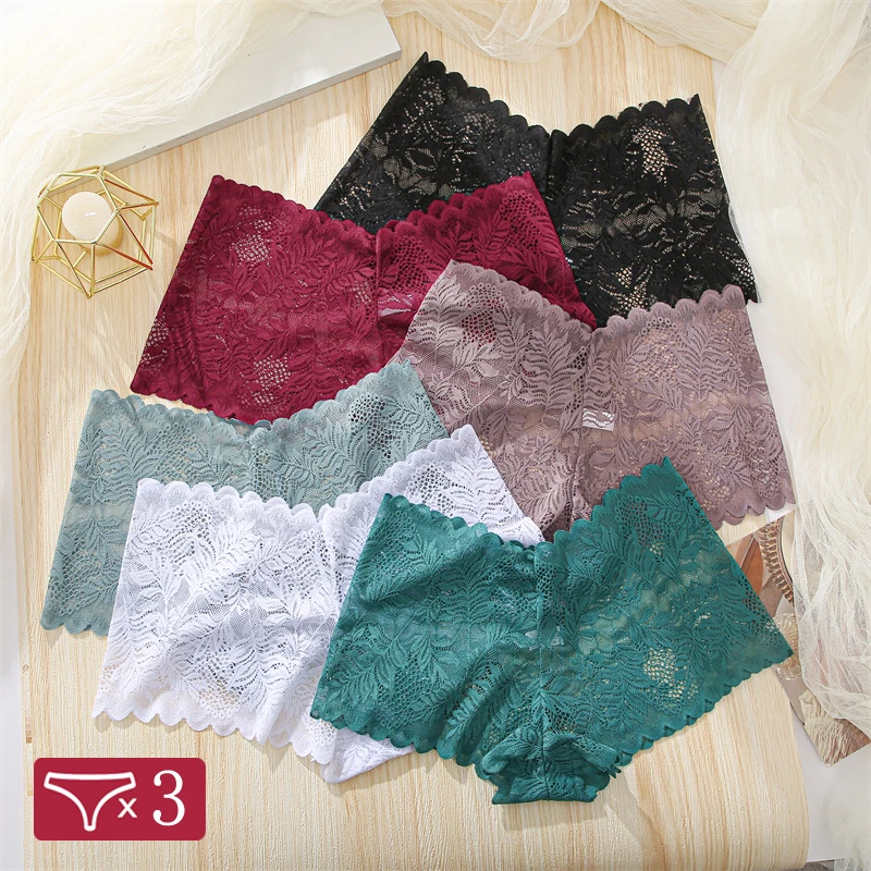 3pcs/set Women Lace Boyshorts Sexy Underpants Low Rise Panties Ladies Fashion Floral Lace