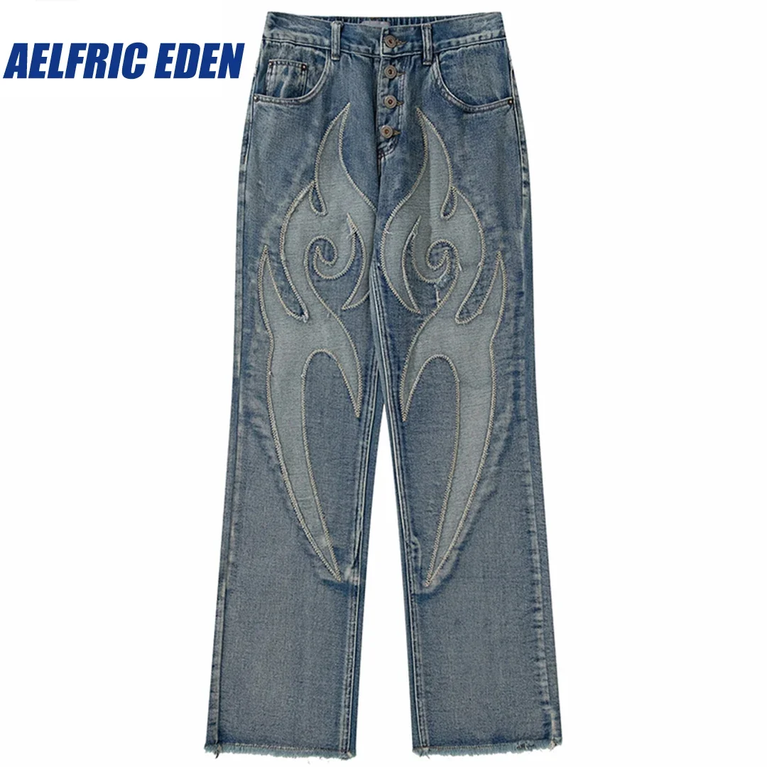 Aelfric Eden Graphic Embroidery Jeans Hip Hop Denim Pants Streetwear Men Denim Pants Harajuku Cotton Trousers Harem Pant Elastic