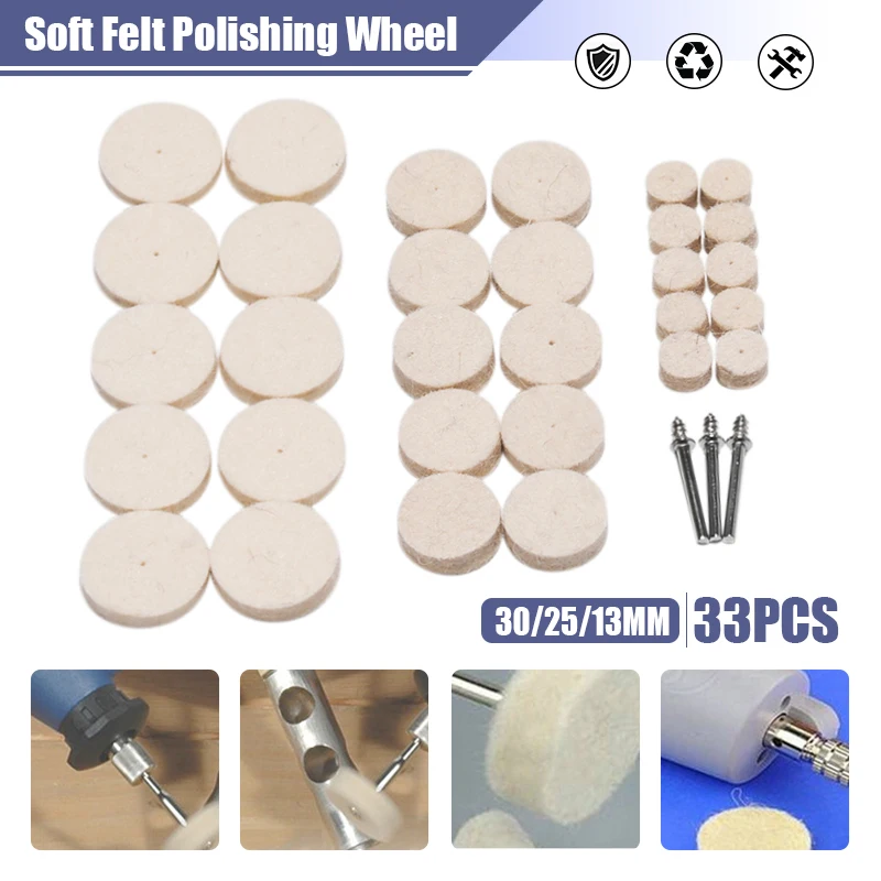 

33Pcs/Set Soft Felt Polishing Buffing Wheel Mop Pad Compound Angle Grinder Part For Rotary Polishing Tool 13mm 25mm 30mm