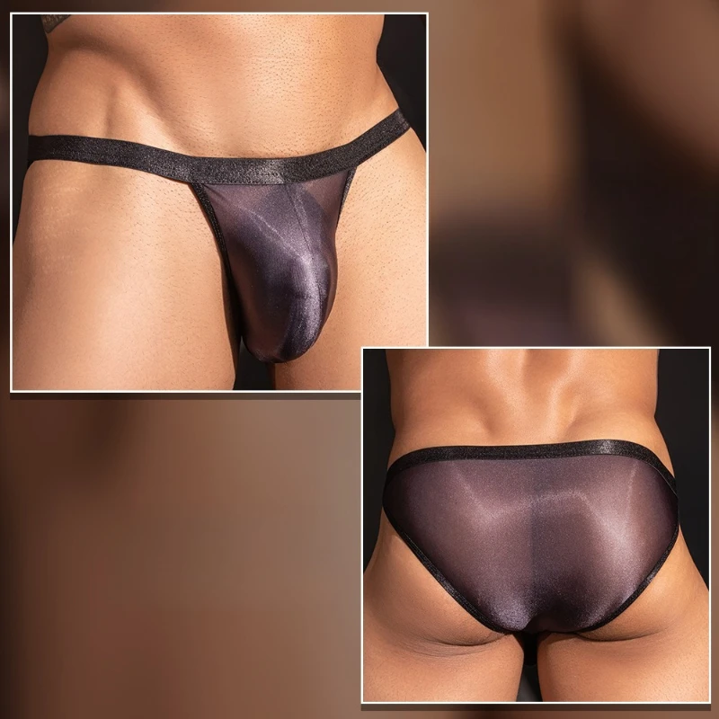 Men Sexy Underwear Thin Low Waist Thongs Lace Translucent High Elastic Panties Silky Oil Shiny Glossy U Convex Pouch Underpants