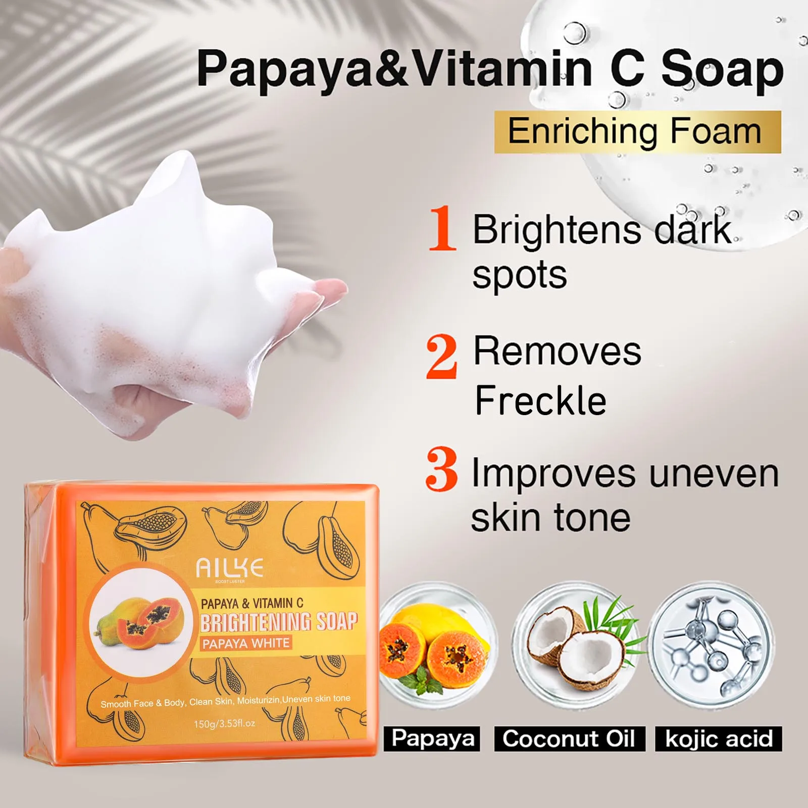 AILKE Skin Whitening Handmade Soap -Organic Papaya Soap For Black Spots, Clean Stains, Improves Dull Skin, Face & Body & Hands 5