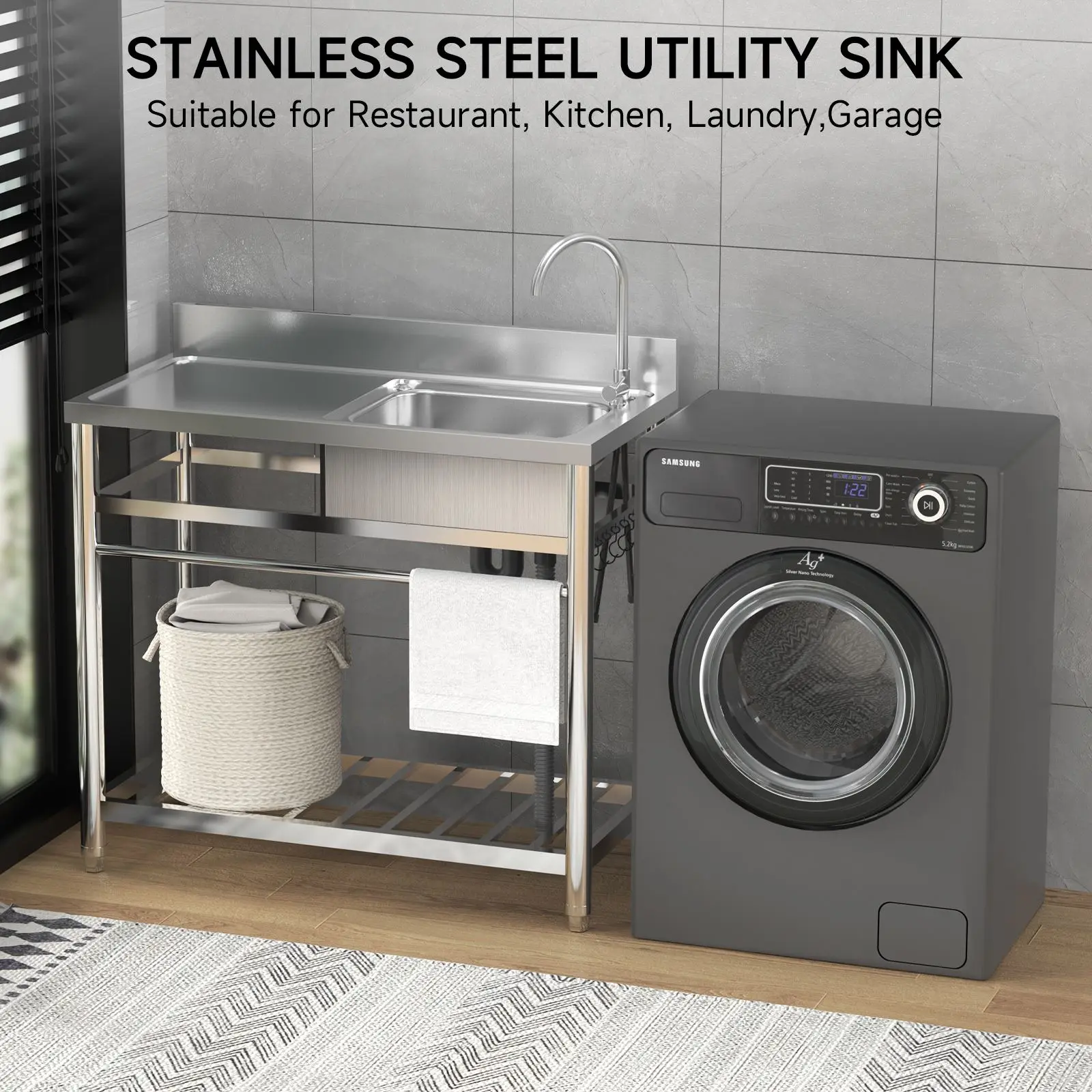 Stainless Steel Prep & Utility Sink With Countertop Faucet Hose Free Standing Single Bowl Commercial Kitchen Sink Workbench 4