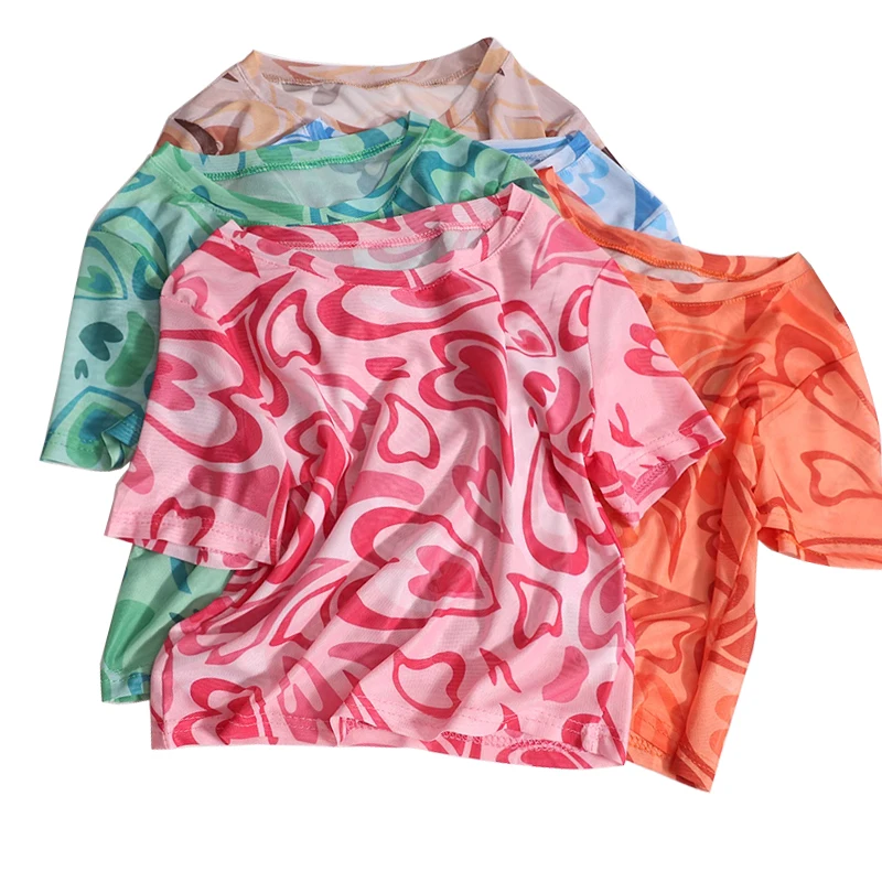 

Sexy Women Love Print See-Through Short T-Shirt Women's Summer New Fashion Chic Slim Sweet Hot Girl Street Top
