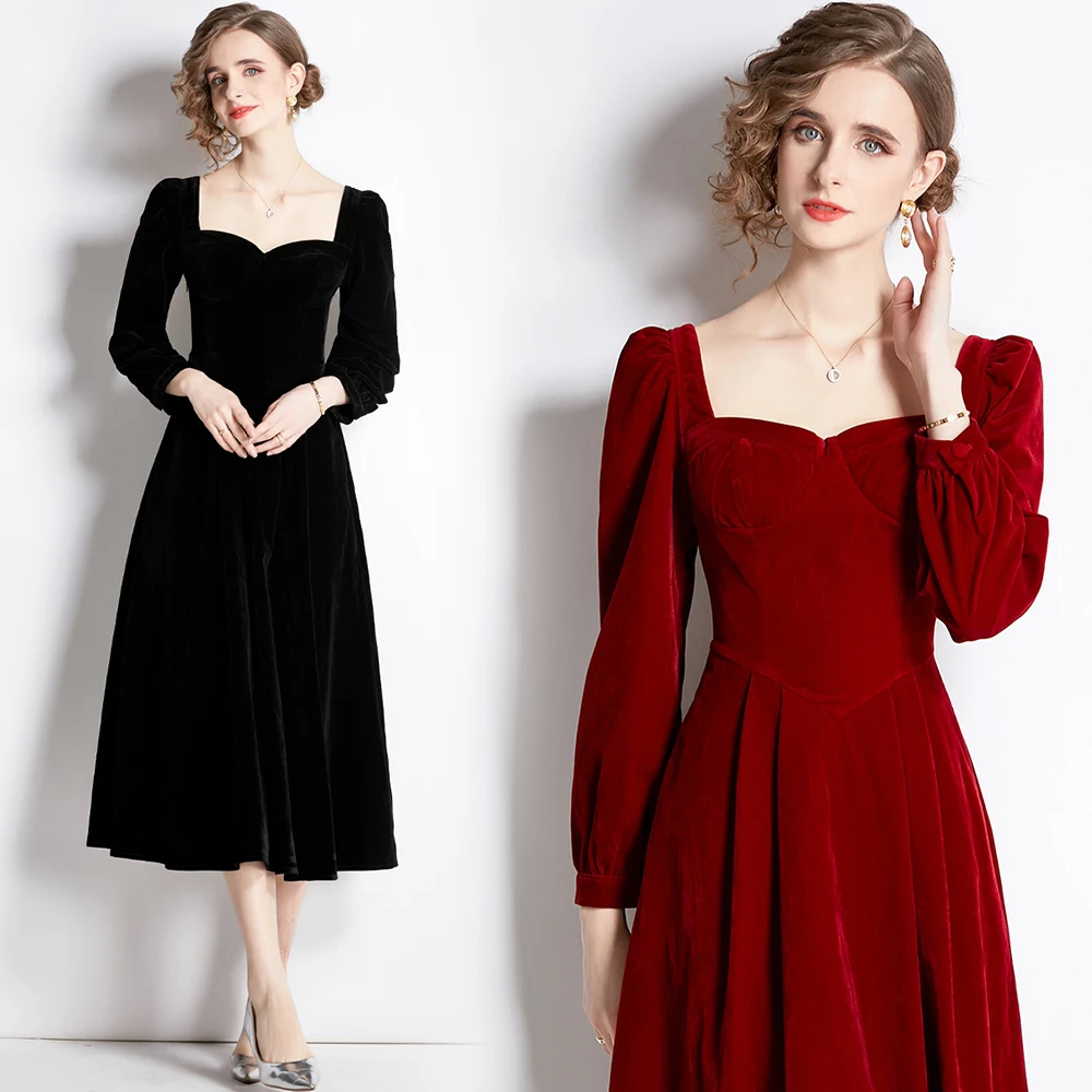 

Banquet Party Elegant Square Neck Velvet Vintage Classical Style High Grade Temperament Solid Color Slim Fit Womens Dresses