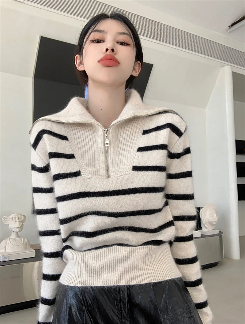 Women's Striped Sweater Zip Thick Fall Loose Turtleneck Knit Jumper Turn-down Collar Casual Oversize Fashion Women Sweaters