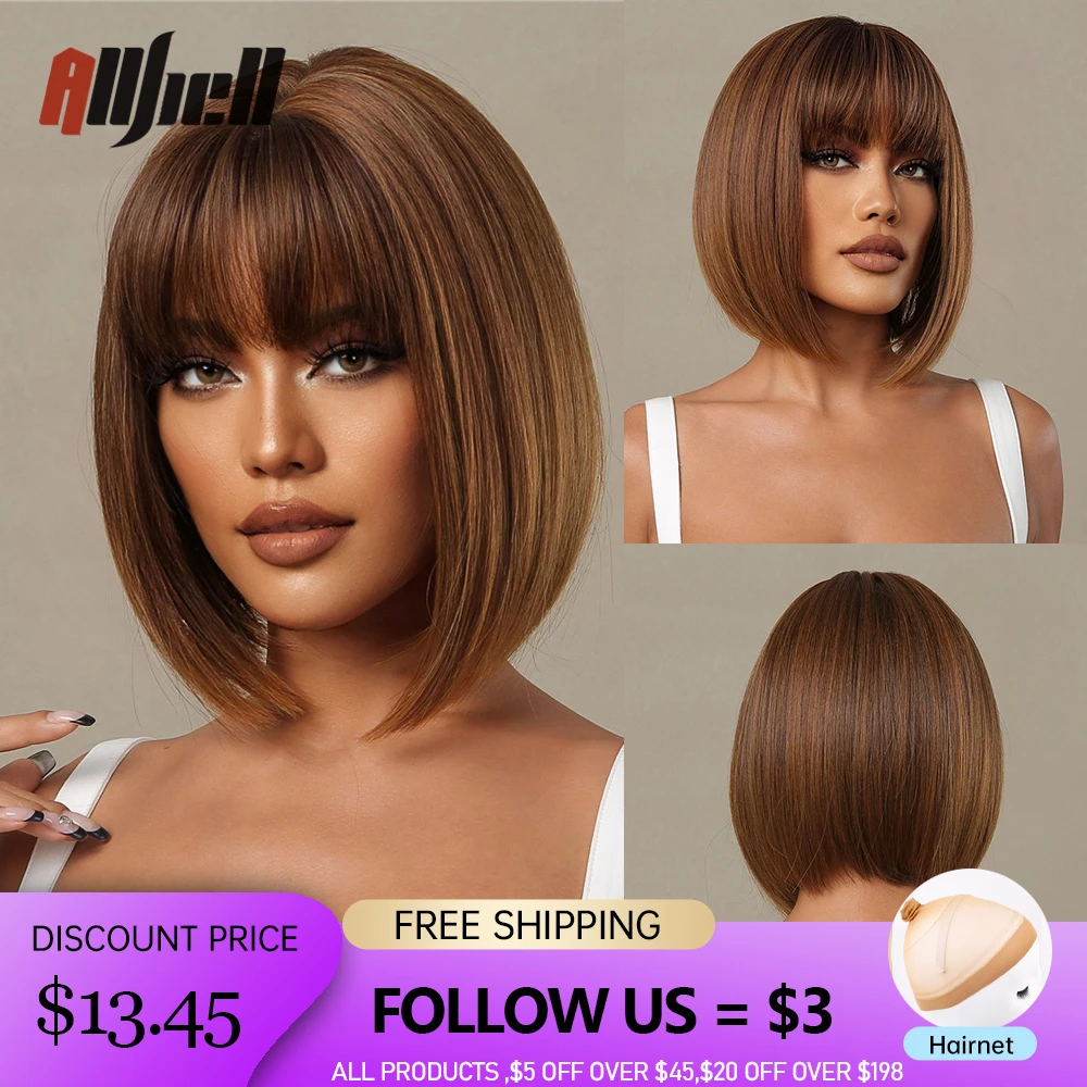 Short Straight Synthetic Wigs Mixed Golden Brown Bob Wigs With Bangs For  Women Cosplay Daily Natural Hair Wig Heat Resistant - Synthetic Wigs(for  Black) - AliExpress