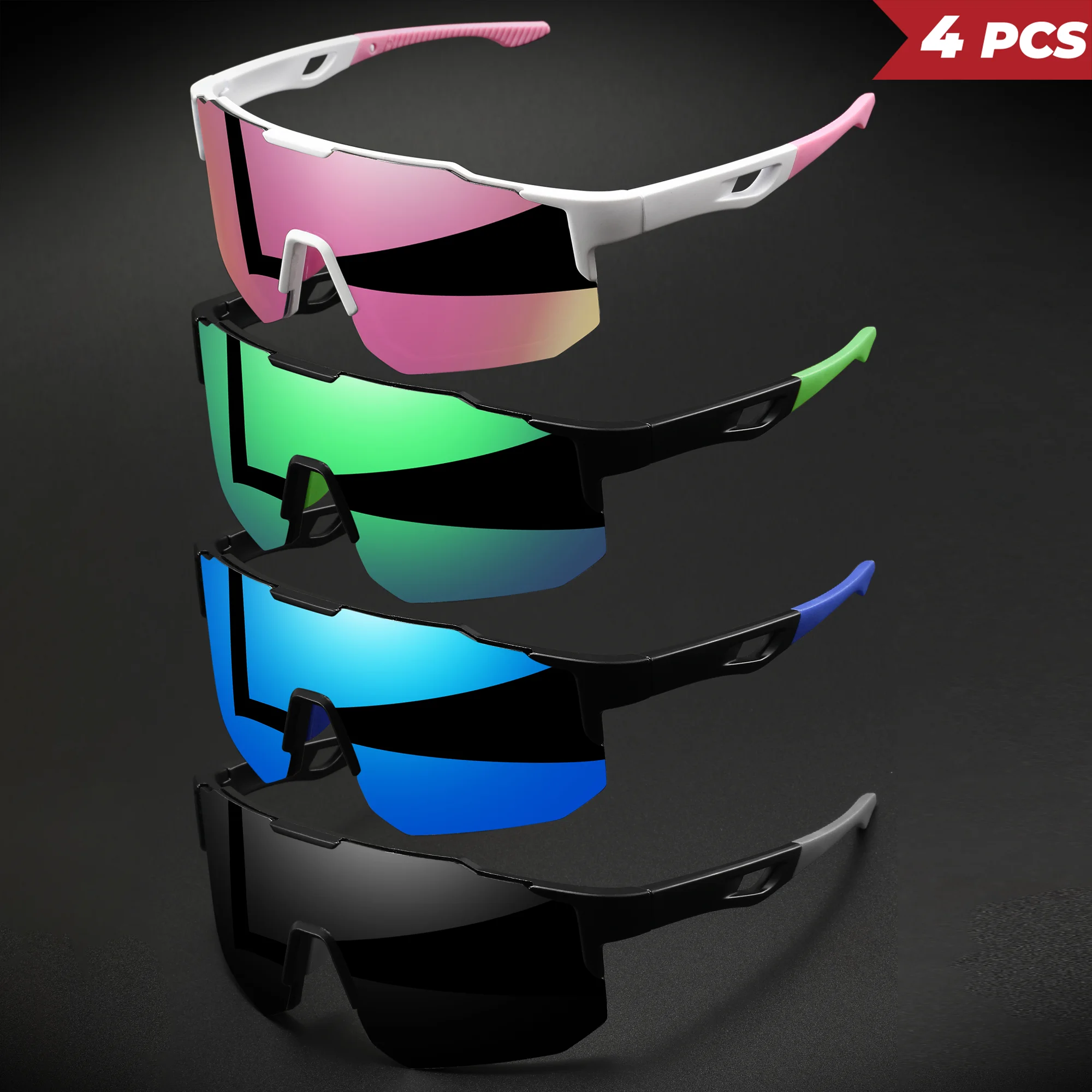 4 Stück übergroße bunte Sport-Sonnenbrillen – umlaufendes Design, UV400, Unisex, bequeme Passform für Radfahren, Wandern und Outdoor – Detail 6