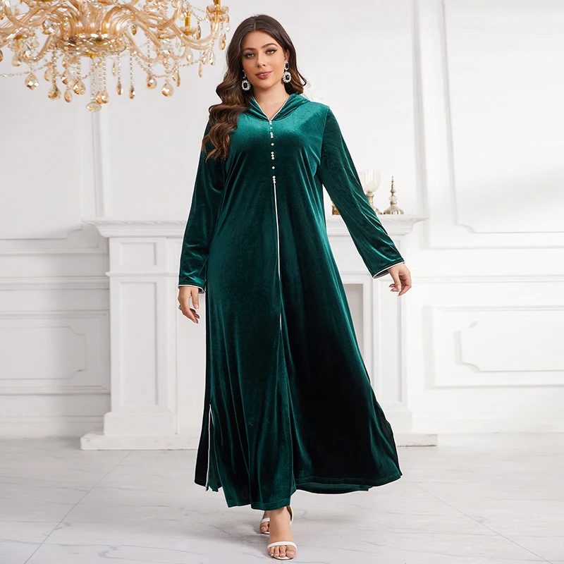 Women Fashion Solid Color Loose Green Hooded Velvet Maxi