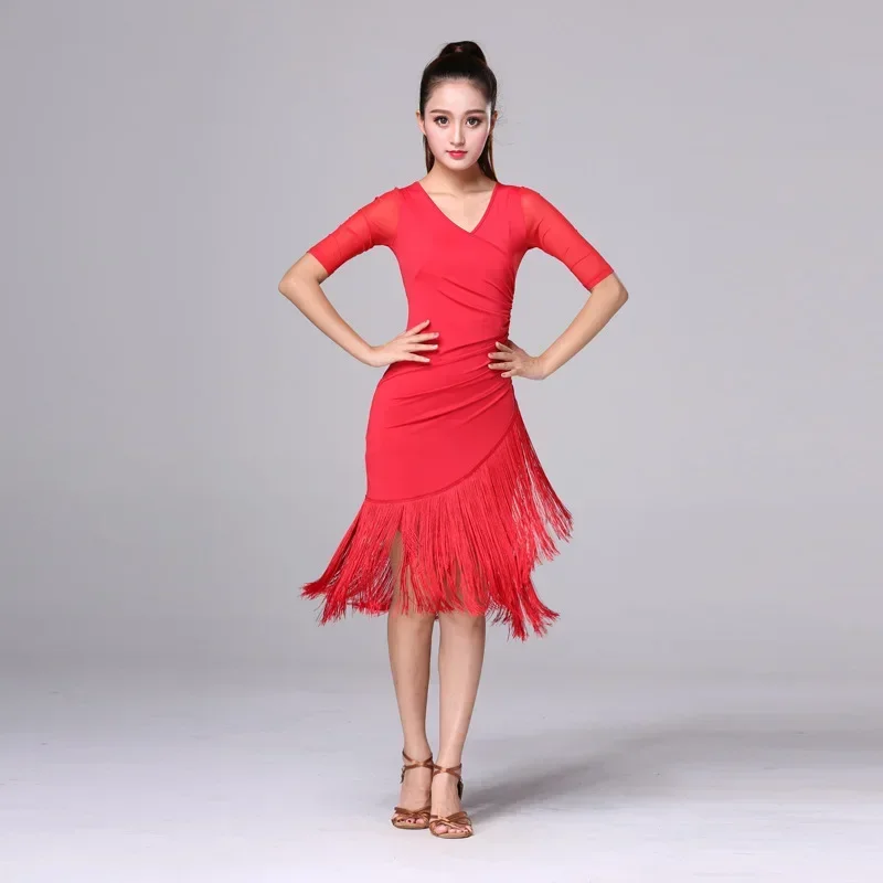 Sexy Long Short-Sleeve Latin Dance One-Piece Dress Women Ballroom Tango Cha Cha Dance Skirt Latin Competition Dress Dance Dress Dance Skirt