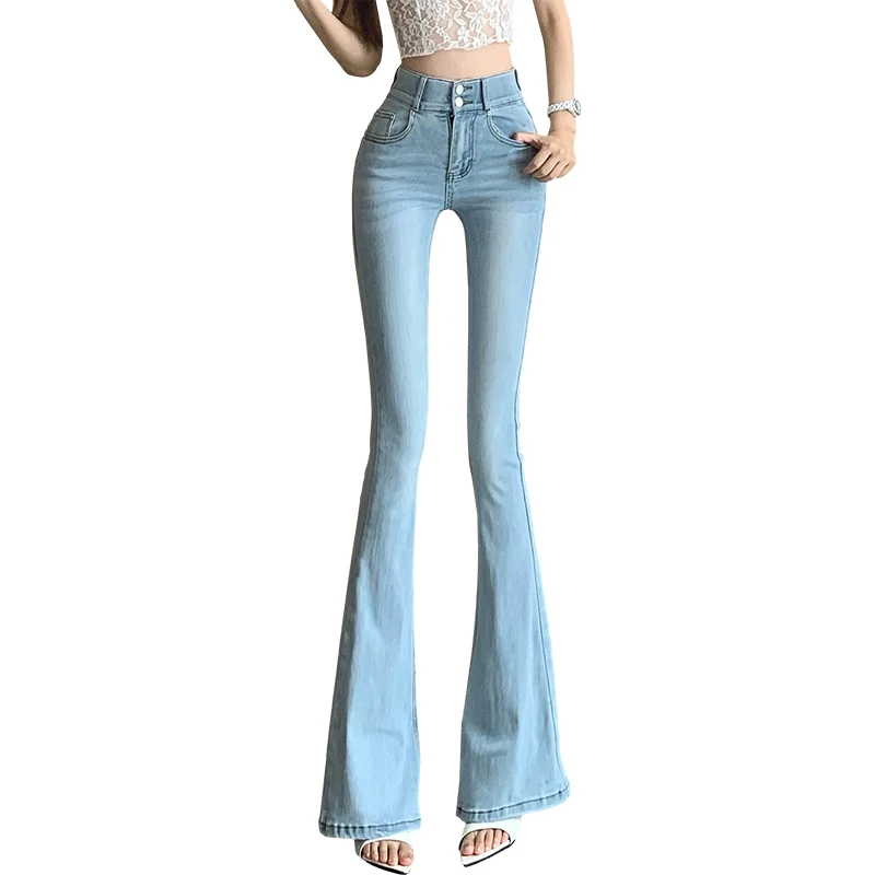 High Waist Flared Jeans Women's Bla Double Bule Long Pants Spring Autumn High Waist Stretchy Floor-Length Trousers