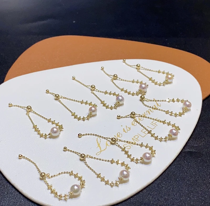KUGG 18K Yellow Gold Rings 5mm Real Natural Akoya Pearl Adjustable Chain Design Exquisite Jewelry Gift for Women Anniversary