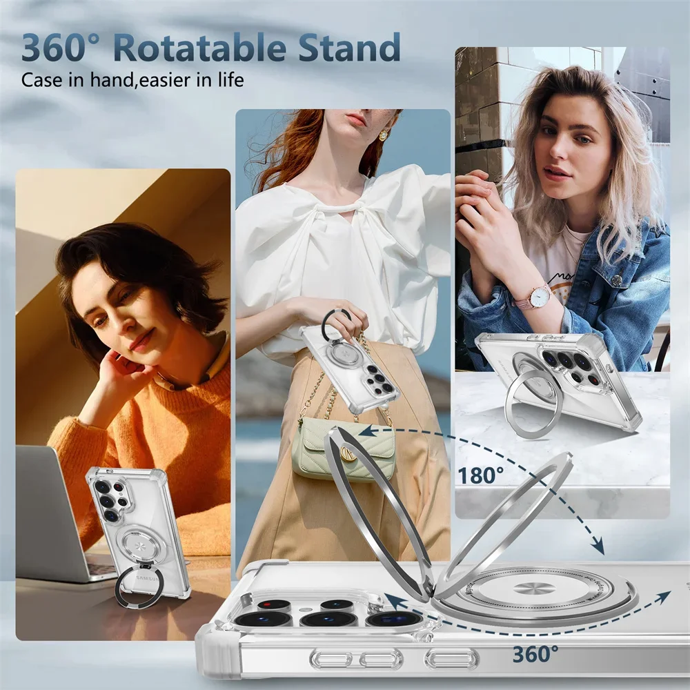 Rotating Magnetic Folding Stand Transparent Phone Case - Armor Shockproof Cover