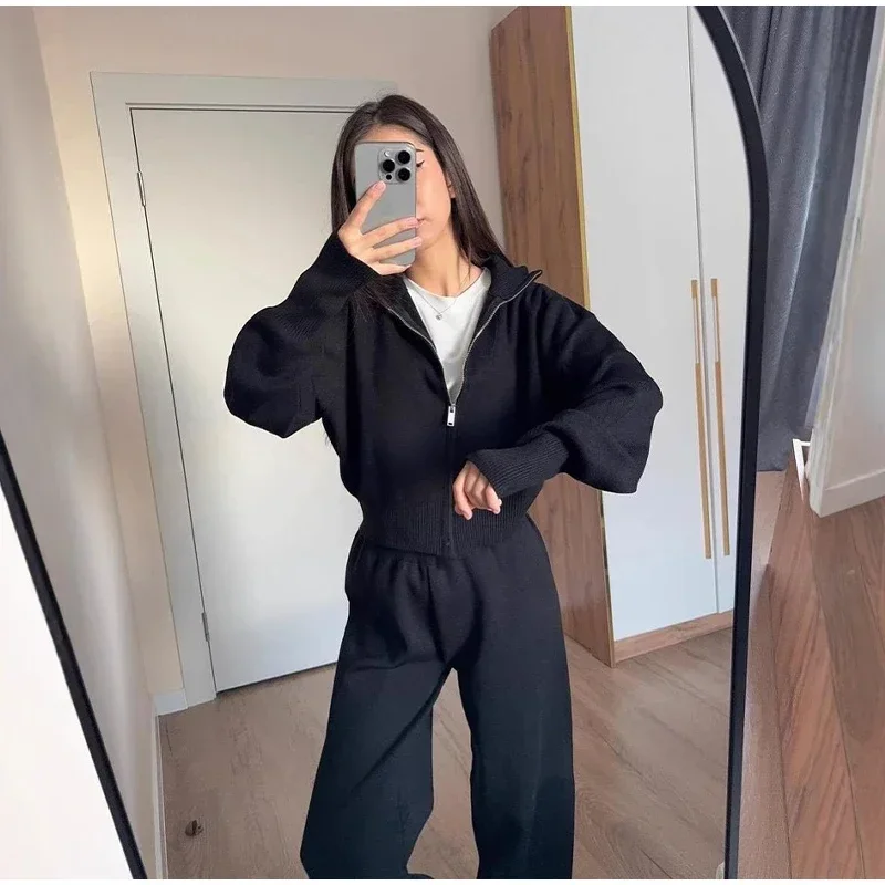 Knitted Pants Sets Women Stand Collar Zipper Cardigan Loose High Waist Pants Suits Autumn Winter New in Matching Outfits