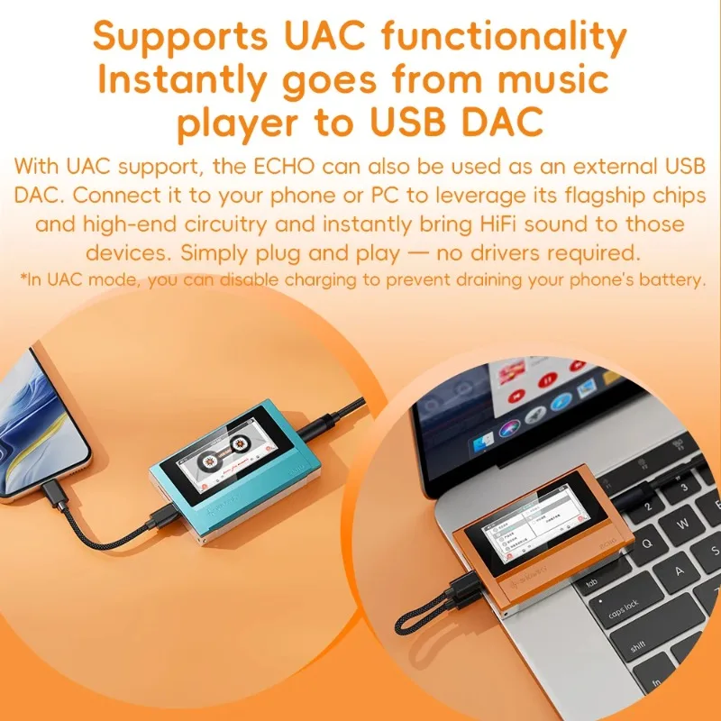 FiiO ECHO 휴대용 고해상도 오디오 음악 플레이어 듀얼 DAC 블루투스 음악 플레이어 3.5mm + 4.4mm 밸런스드 출력 컬러 스크린 심플