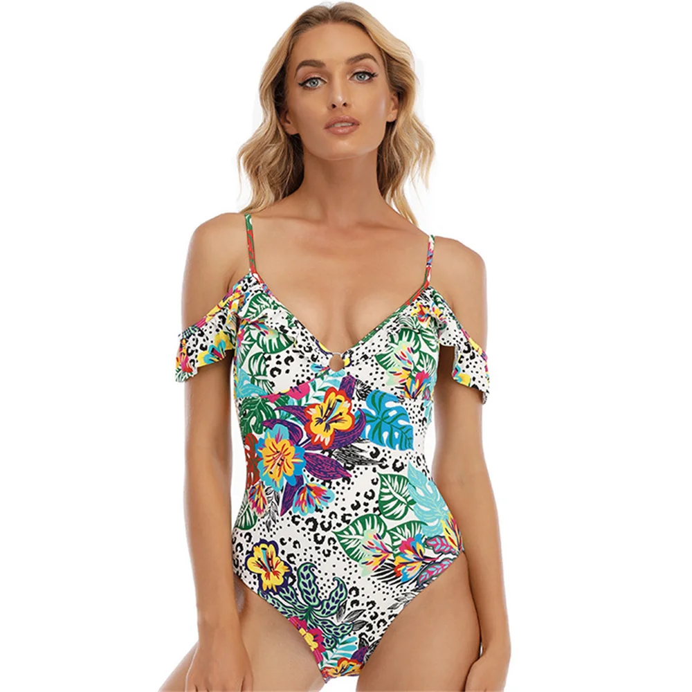Shoulder triangle one-piece sexy women's swimsuit women's swimsuit print vintage steel push-up bra bikini