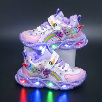 Girls' Frozen Shoes LED sneakers Elsa Anna Kids Night Light Shoes Princess Autumn winter plush luminous casual sports shoes