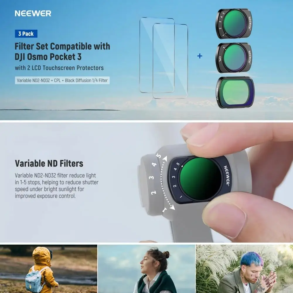 NEEWER Magnetisches Filterset CPL/ND2-32/1/4 Schwarze Diffusion/0,75x Weitwinkelobjektiv/LPR für DJI Pocket 3 Pocket4 FL-B09/FL-43/FL-89 – Detail 1