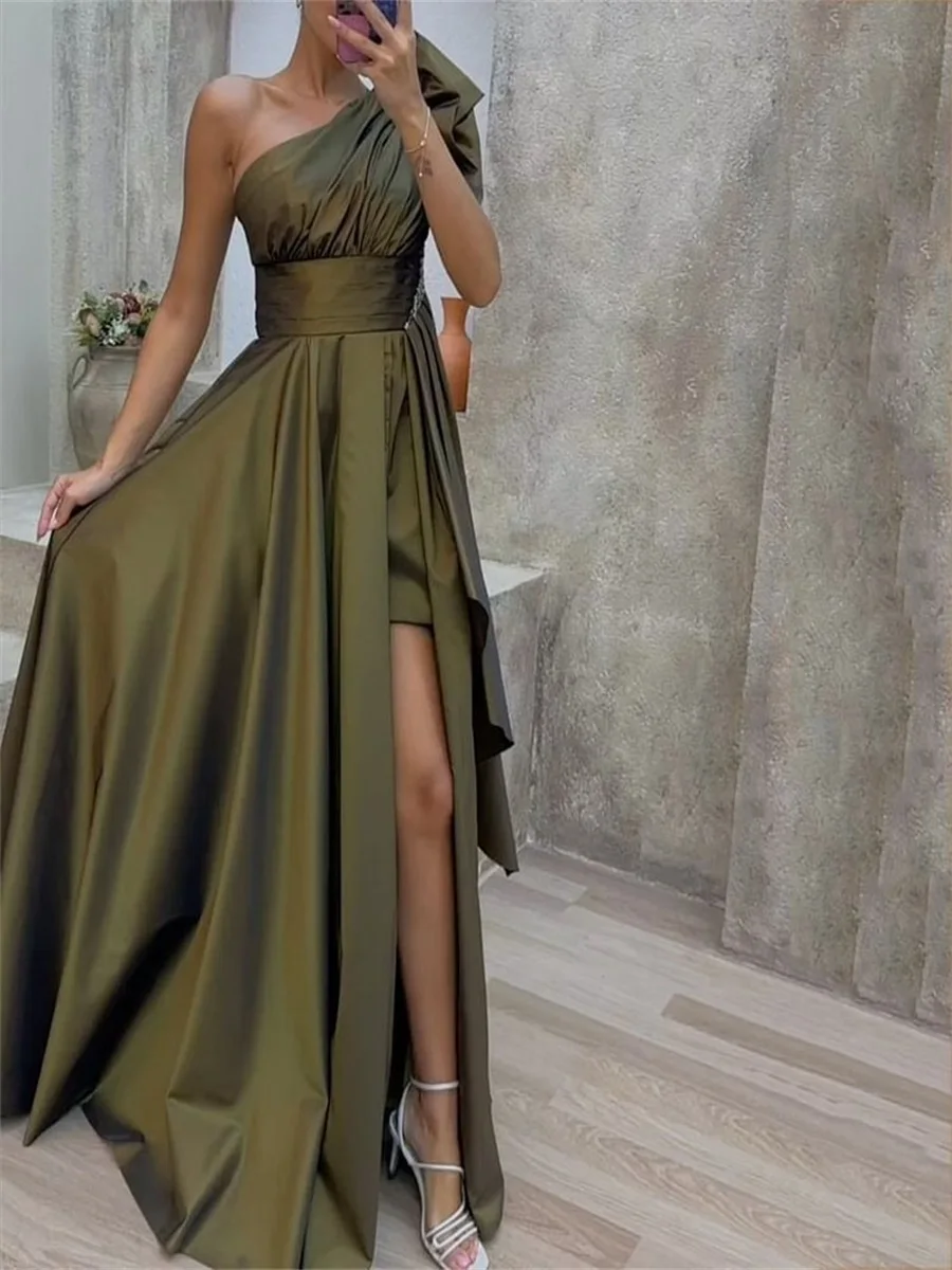 

Elegant Women Army Green Evening Dress Sexy Female One Shoulder Folds Slim Maxi Dress Fashion Ladies Asymmetric Split Party Robe