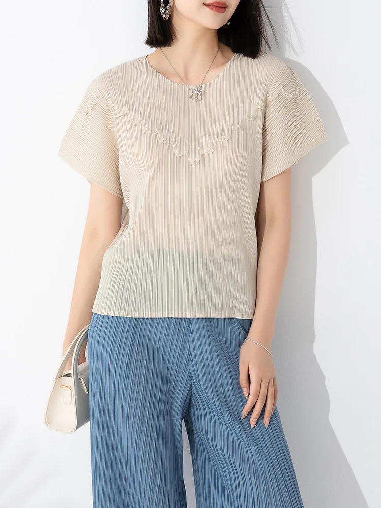 

Pleated short sleeve round neck T-shirt women 2023 summer new casual nail beaded top