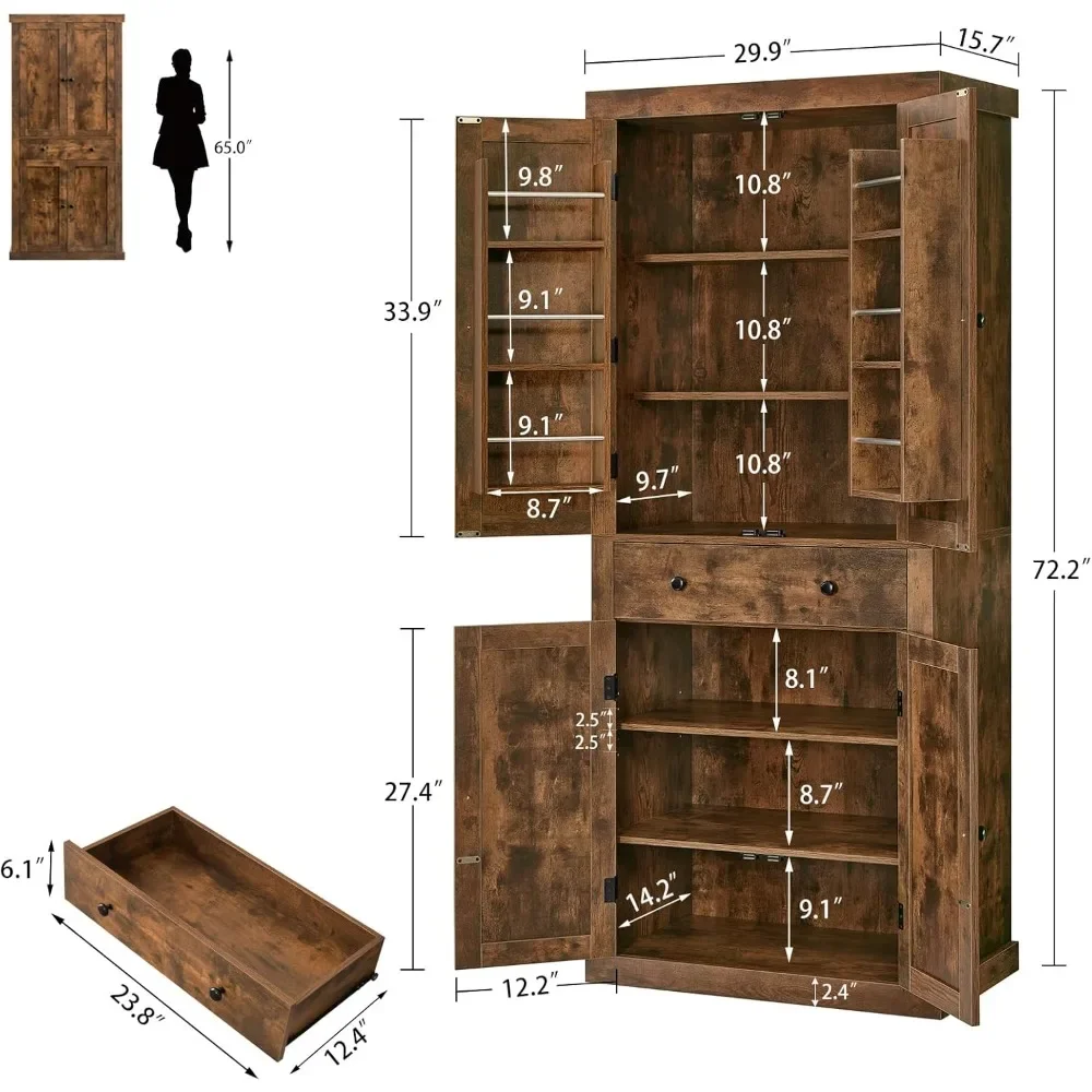 72 inch kitchen utensil cabinet, high storage cabinet with 4 doors and 1 drawer, independent cabinet with 6 hangers 2