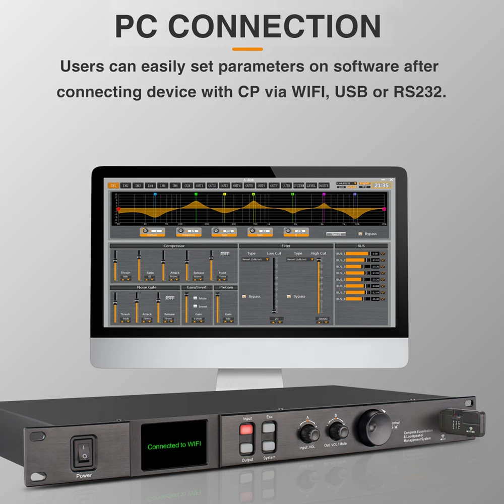 SHENNDARE A808 8 In 8 Out Professional Digital Audio Processor With 32Bit DSP 7 Band EQ Equalizer Support WIFI USB Sound Effects