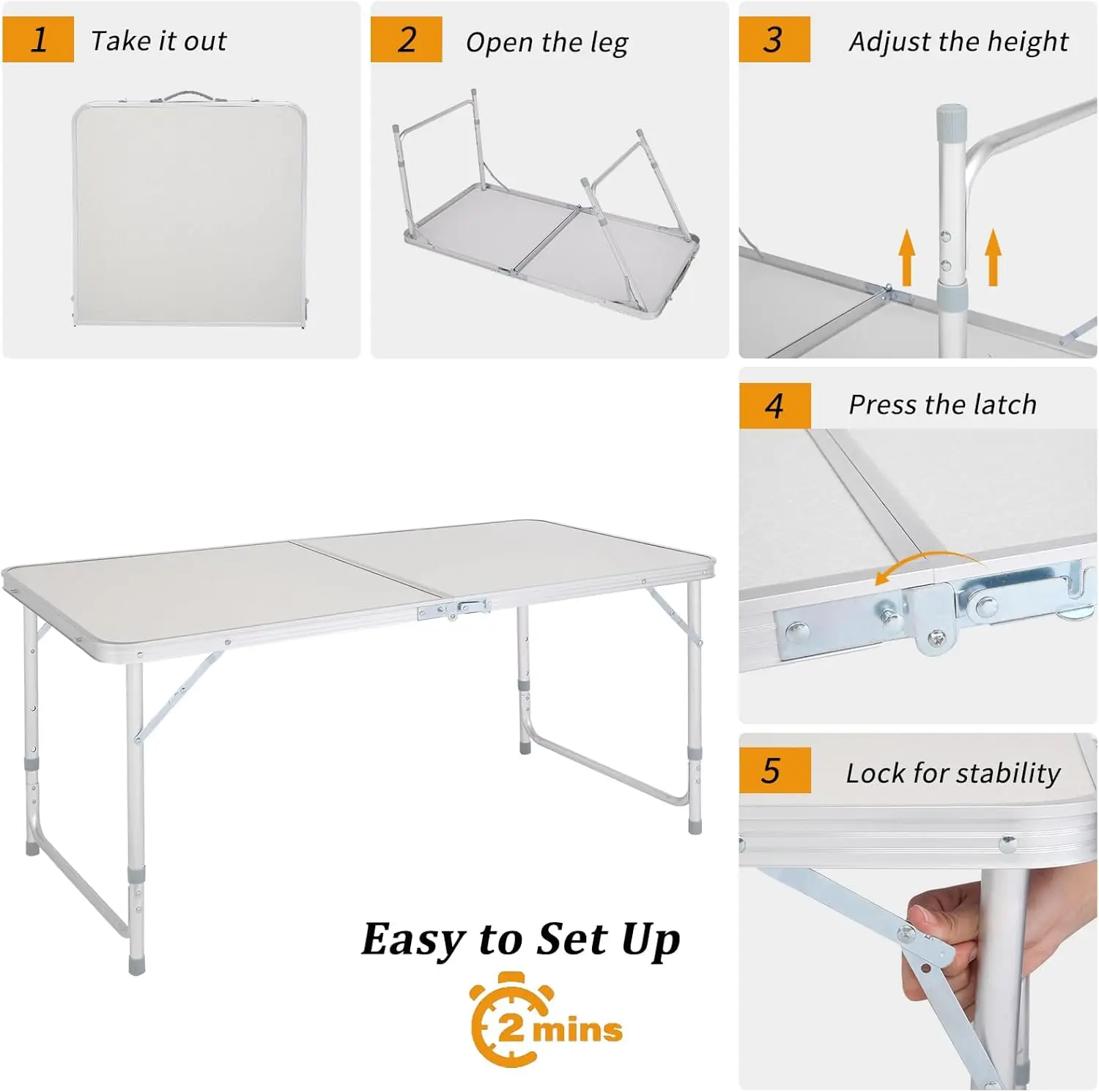 4ft Portable Folding Camping Table, Outdoor Waterproof Adjustable Height Table, Aluminum Lightweight Suitcase Foldable Table