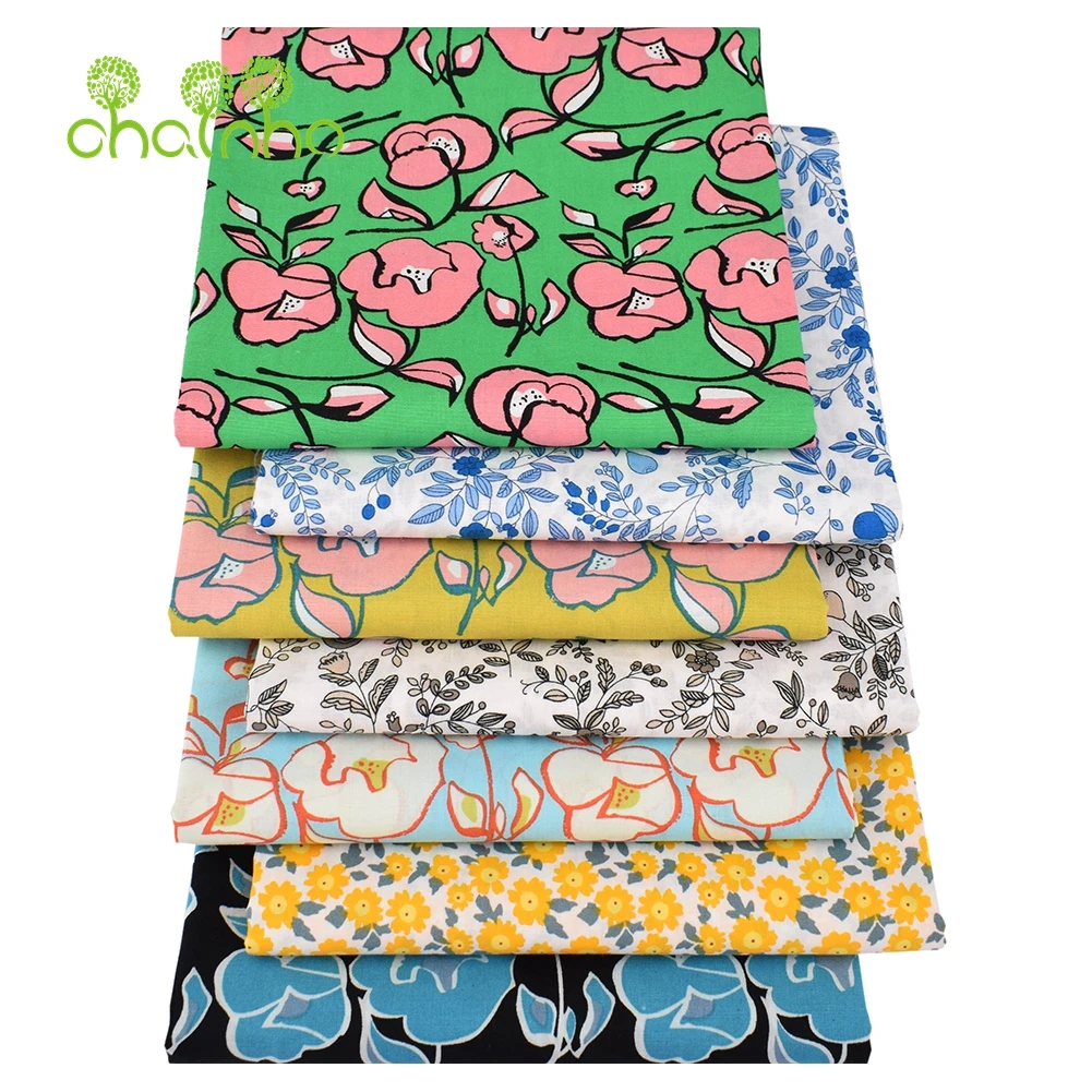 Chainho,Printed Plain Weave Poplin Cotton Fabric,DIY Sewing Quilting Material,Patchwork Cloth,Flower Series,3 Sizes,15PC77