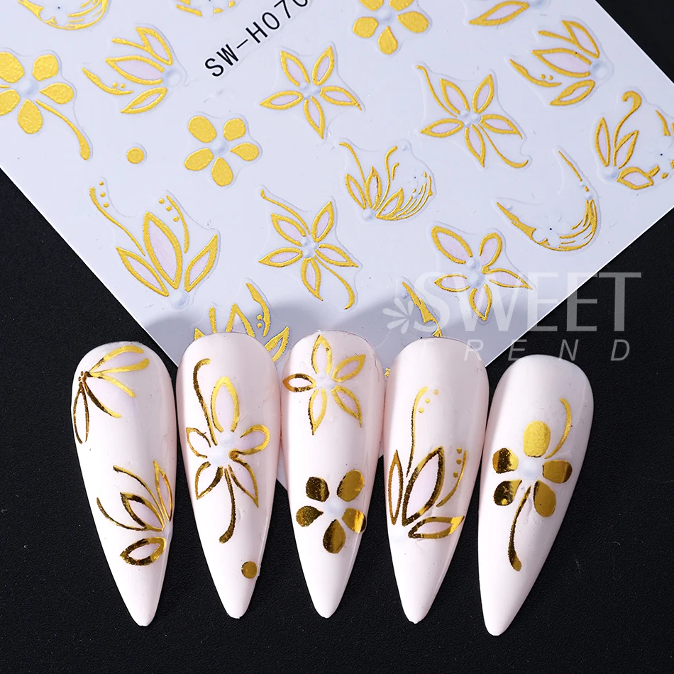 2pcs Elegant Flower Nail Art Stickers Bronzing Border Frame Rose Petal Leaf Self Adhesive Nail Decals Valentine's Manicure Decor