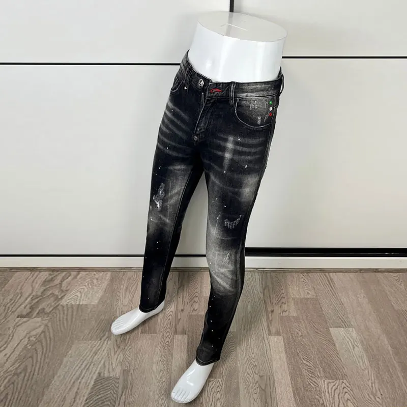 Fashion Designer Men Jeans High Quality Retro Black Gray Elastic Stretch Skinny Fit Ripped Jeans Men Vintage Brand Pants Hombre