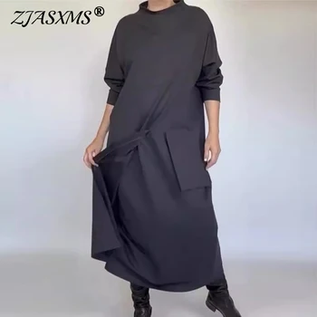Abito da donna casual solido pullover irregolare autunno o collo tasca abito lungo ampio abito invernale in felpa patchwork a maniche lunghe 1