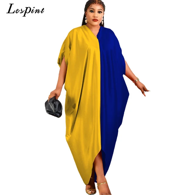 New Muslim Dresses For Women 2022 Stitching Color African Maxi Robe V-neck Print Short Sleeve Novelty Dress Kanga Clothing Bouou DR-801-4