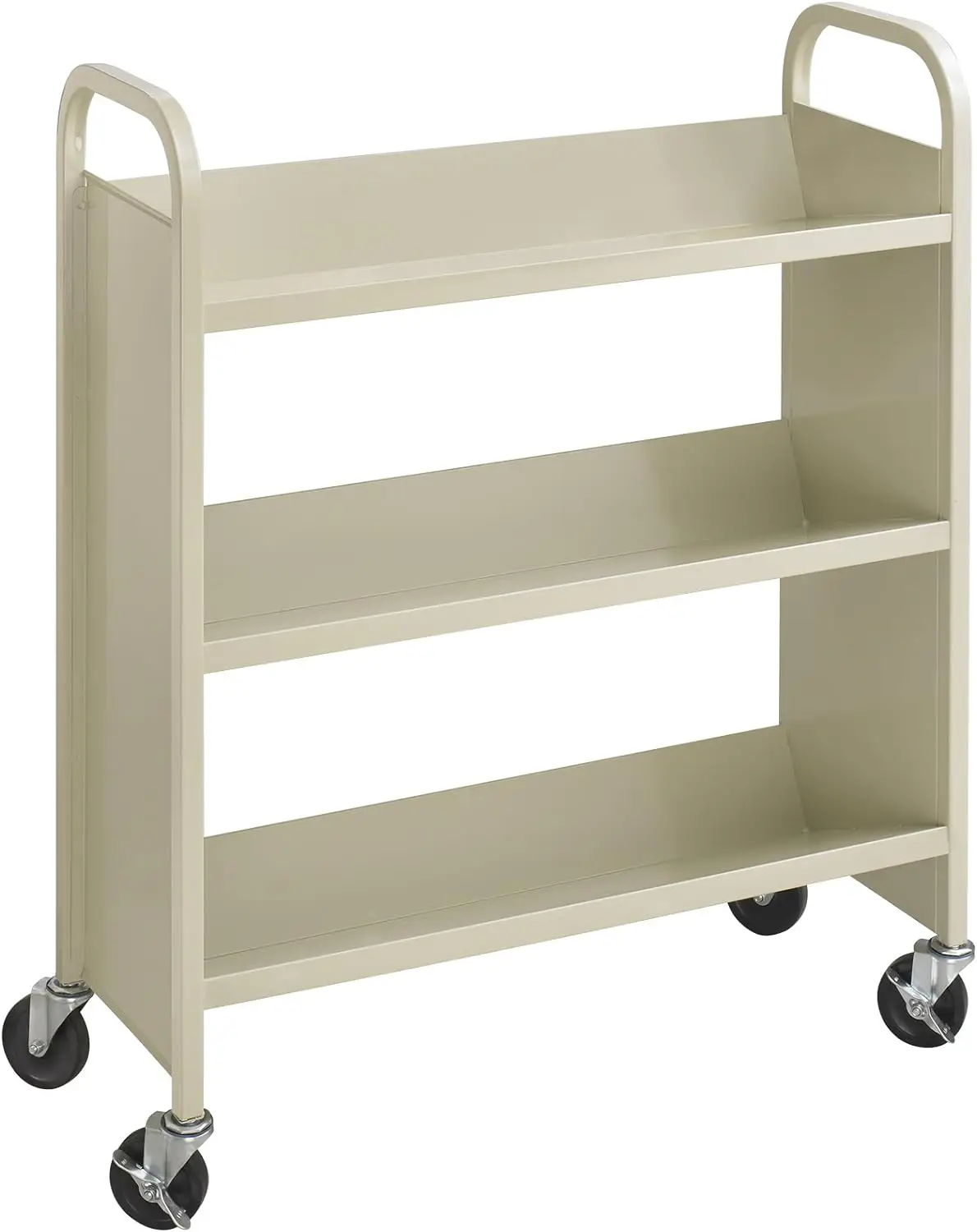 

Safco Products Single-Sided Library Book Cart 5358SA Sand, Heavy Duty, Swivel Wheels, 3 Slanted Shelves